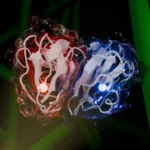 A estrutura dimérica da enzima CelOCE agindo sobre as fibras de celulose, representadas pelos bastões verdes (figura: Mario Murakami/CNPEM)