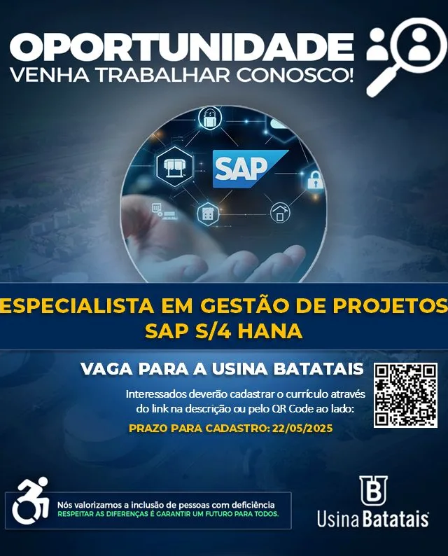 Vaga aberta: especialista em gestão de projetos na Usina Batatais