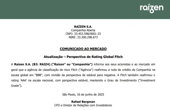 Agência de classificação de risco reafirma nota de crédito da Raízen