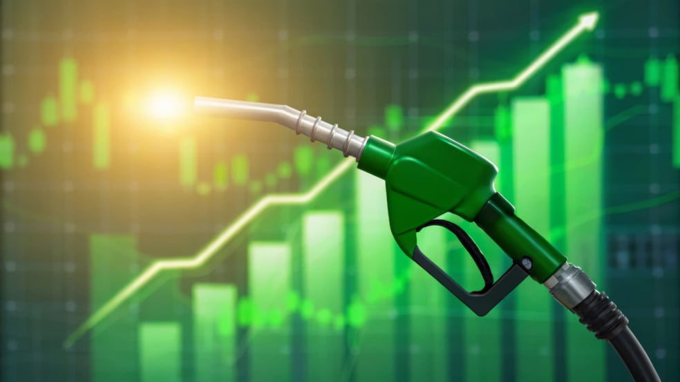A gasoline nozzle fuel energy economic growth chart green finance bar arrow rising gasoline nozzle with glowing. economic impact and effect of oil, energy security, financial market connection